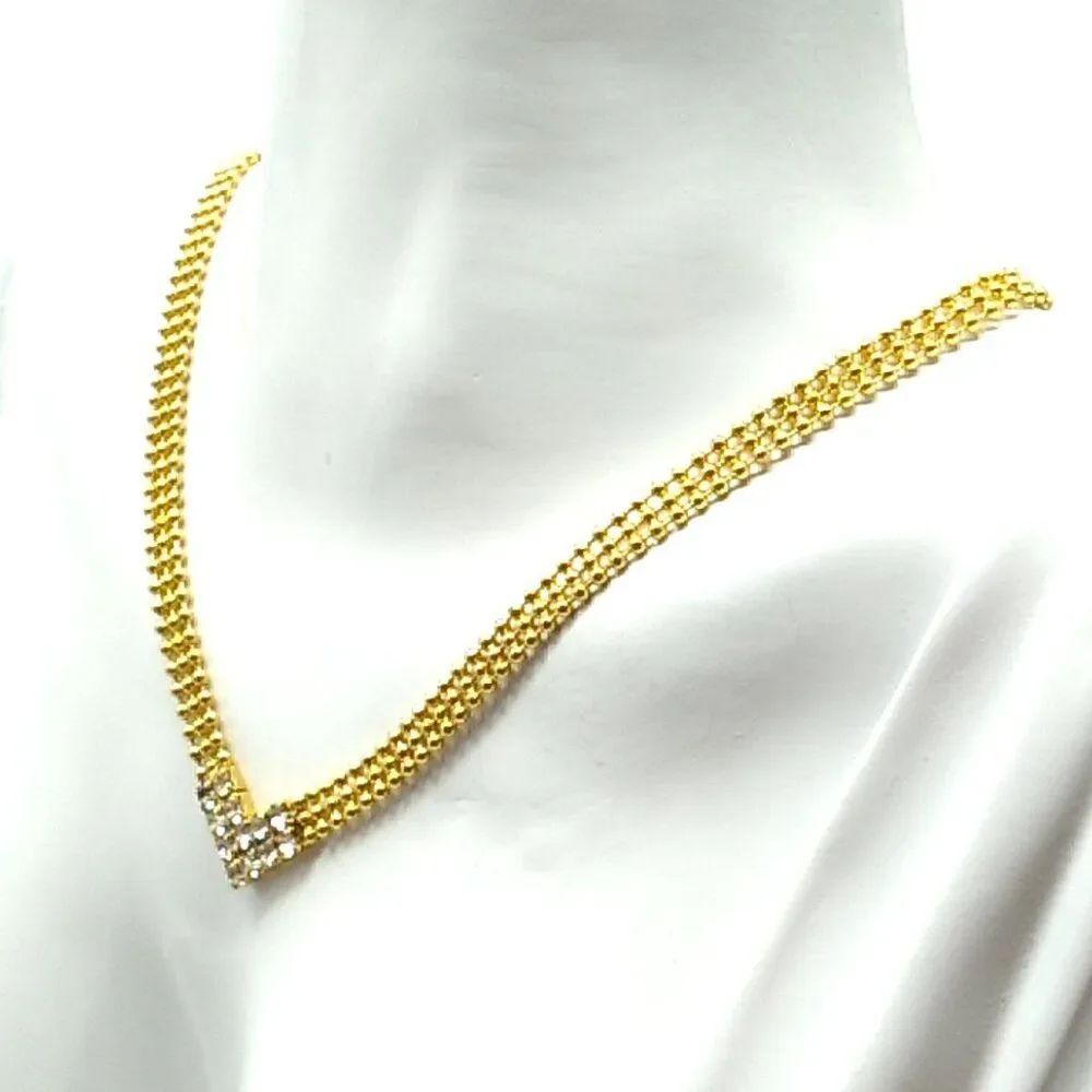 V Shaped Crystal Center Triple Row Delicate Round Gold-tone Beaded Necklace